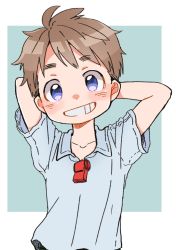 Rule 34 | 1boy, arms behind head, blue background, blue shirt, blush, brown hair, collared shirt, commentary request, grin, highres, looking at viewer, made in abyss, male focus, natt (made in abyss), purple eyes, shirt, short sleeves, simple background, smile, solo, standing, upper body, usuki (usukine1go), whistle
