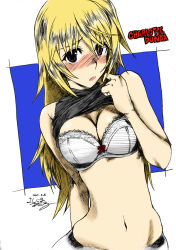 Rule 34 | 10s, 1girl, blonde hair, blush, bra, breasts, character name, charlotte dunois, cleavage, clothes lift, colorized, embarrassed, french text, infinite stratos, lingerie, long hair, midriff, navel, purple eyes, ranguage, shirt lift, solo, underwear, white bra, yoshijima ataru