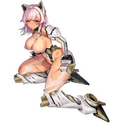 Rule 34 | 1girl, animal ears, areola slip, armor, armored boots, armpit crease, bare shoulders, battle damage, black collar, blue eyes, blush, boots, breasts, broken armor, cat ears, clenched teeth, collar, dark-skinned female, dark skin, defeat, detached sleeves, english text, fake animal ears, full body, gloves, gold trim, hair intakes, hand on ground, highleg, highleg leotard, highres, injury, lancer mina, large breasts, last origin, leotard, looking at viewer, mechanical ears, mechanical parts, medium hair, mel (dodosae), multicolored hair, official alternate costume, official art, one eye closed, pantyhose, pilot suit, pink hair, red hair, scratches, see-through, see-through sleeves, simple background, sitting, skindentation, solo, streaked hair, tachi-e, tail, tan, tanline, teeth, thick thighs, thighs, third-party source, torn clothes, torn leotard, torn pantyhose, torn sleeves, transparent background, two-tone hair, white footwear, white gloves, white leotard, yokozuwari
