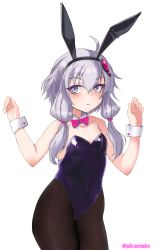 Rule 34 | 1girl, akenoin soumon, animal ears, black pantyhose, blue leotard, bow, bowtie, breasts, cowboy shot, detached collar, highres, leotard, low twintails, pantyhose, pink bow, pink bowtie, playboy bunny, purple eyes, purple hair, rabbit ears, rabbit tail, short hair with long locks, simple background, small breasts, solo, standing, tail, twintails, voiceroid, white background, wrist cuffs, yuzuki yukari