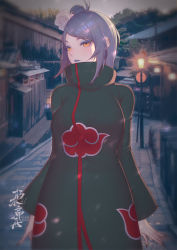 Rule 34 | 1girl, arms at sides, black coat, black nails, blue tongue, coat, colored tongue, cow, cowboy shot, day, ear piercing, eyeshadow, flower, hair flower, hair ornament, high collar, highres, konan (naruto), lamppost, lipstick, long hair, looking away, looking to the side, makeup, nail polish, naruto, naruto (series), orange eyes, outdoors, parted lips, piercing, purple hair, rose, signature, smile, solo, town, white flower, white rose, xiumu bianzhou