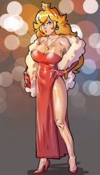 Rule 34 | 1girl, bangle, bare legs, bare shoulders, blonde hair, blue eyes, bracelet, breasts, cleavage, closed mouth, collarbone, covered navel, crown, dated, dress, earrings, elbow gloves, evening gown, expressionless, feather boa, full body, gloves, gold bracelet, hand on own hip, high heels, highres, jewelry, large breasts, legs, lights, lips, long hair, looking at viewer, mario (series), nintendo, no socks, pendant, ph draw, princess peach, purple heels, red dress, red footwear, red gloves, red lips, shadow, side slit, solo, source request, standing, stiletto heels, strapless, strapless dress, super mario all stars, super mario bros. 1, thighs