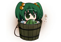 Rule 34 | 1girl, bucket, female focus, food, fruit, green eyes, green hair, hair bobbles, hair ornament, holding, holding food, holding fruit, in bucket, in container, kisume, lowres, matching hair/eyes, short twintails, solo, tomatomato (tomato kanzume), touhou, twintails, watermelon