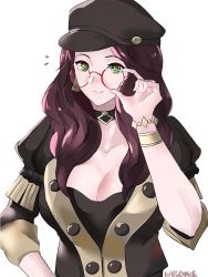 Rule 34 | 1girl, blush, breasts, brown hair, choker, cleavage, dorothea arnault, fire emblem, fire emblem: three houses, glasses, green eyes, hat, highres, jewelry, large breasts, long hair, looking at viewer, nintendo, simple background, smile, solo, tommy (kingdukeee), uniform, upper body