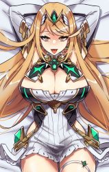 Rule 34 | 1girl, absurdres, arms behind head, bed, bed sheet, blonde hair, breasts, cleavage, dakimakura (medium), earrings, elbow gloves, from above, gloves, highres, jewelry, large breasts, long hair, looking at viewer, lying, meowyin, mythra (xenoblade), on back, open mouth, smile, solo, tiara, tongue, tongue out, white gloves, xenoblade chronicles (series), xenoblade chronicles 2, yellow eyes