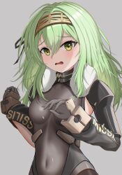 Rule 34 | 1girl, armored gloves, belt pouch, black bodysuit, black ribbon, blush, bodysuit, breasts, covered navel, fur collar, goddess of victory: nikke, green eyes, green hair, hair ribbon, hairband, kilo (nikke), long hair, long sleeves, looking at viewer, nishinokyo, open mouth, pouch, ribbon, simple background, skin tight, small breasts, solo