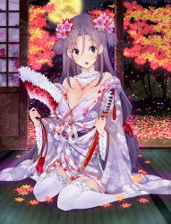 Rule 34 | 1girl, amami amayu, autumn leaves, breasts, cleavage, detached collar, flower, flower on head, garter straps, hair flower, hair ornament, hand fan, japanese clothes, jewelry, kimono, large breasts, leaf, long hair, looking at viewer, necklace, open mouth, original, purple eyes, purple hair, sengoku taisen, short sword, sitting, solo, sword, tantou, tatami, thighhighs, wariza, weapon, white thighhighs
