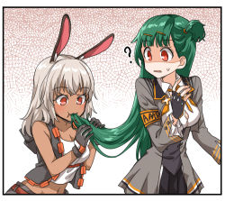Rule 34 | 2girls, ?, animal ears, breasts, cleavage, commentary request, confused, cross, dulldull, eating hair, fingerless gloves, g28 (girls&#039; frontline), girls&#039; frontline, gloves, green hair, grey hair, iron cross, long hair, multiple girls, navel, ns2000 (girls&#039; frontline), rabbit ears, sleeveless, sleeveless jacket