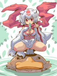 Rule 34 | 1girl, animal ears, borrowed character, bottomless, breasts, cameltoe, cleavage, fish, japanese clothes, looking at viewer, mouth hold, no panties, obebe (kitsune choukan), original, platypus, pointing, pointing at viewer, red eyes, ryuno, scarf, solo, squatting, tail, white hair