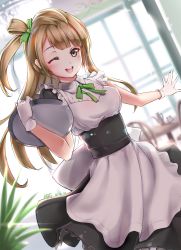 Rule 34 | 10s, 1girl, ;d, apron, artist name, blush, brown hair, dated, gloves, hair ribbon, highres, long hair, looking at viewer, love live!, love live! school idol festival, love live! school idol project, maid, maid apron, minami kotori, muto (uadocjon 21), one eye closed, open mouth, ribbon, side ponytail, signature, smile, solo, tray, waitress, white gloves, yellow eyes