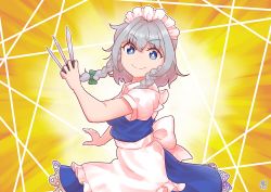 Rule 34 | 1girl, apron, back bow, between fingers, blue dress, bow, braid, breasts, bright pupils, closed mouth, dress, green bow, grey hair, hair between eyes, hair bow, hair ribbon, hand up, highres, holding, holding knife, izayoi sakuya, knife, looking at viewer, maid apron, maid headdress, medium breasts, orange background, puffy short sleeves, puffy sleeves, ribbon, short hair, short sleeves, side braids, simple background, smile, solo, standing, throwing knife, touhou, tress ribbon, twin braids, unconnected marketeers, upper body, v-shaped eyebrows, waist apron, weapon, white apron, white bow, white headwear, white pupils, zanasta0810