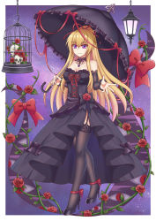 Rule 34 | 1girl, absurdres, alternate color, alternate hairstyle, alternate headwear, birdcage, black choker, black dress, black footwear, black thighhighs, border, breasts, cage, choker, cleavage, closed mouth, dress, floral print, flower, gap (touhou), garter straps, gem, gothic lolita, gradient eyes, hair ribbon, high heels, highres, jewelry, lace, lace-trimmed choker, lace-trimmed legwear, lace trim, latern, layered dress, leg ribbon, lolita fashion, long hair, looking at viewer, medium breasts, multicolored eyes, necklace, no headwear, off shoulder, open hand, piaoluo de ying huaban, ponytail, purple eyes, purple gemstone, purple theme, red eyes, red ribbon, ribbon, rose, rose print, shiny clothes, shiny legwear, shiny skin, side slit, sidelocks, skull, slit pupils, smile, solo, space, thighhighs, thighs, touhou, very long hair, white border, yakumo yukari