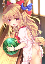Rule 34 | 1girl, alternate costume, apron, ass, blush, commentary request, cuffs, cutting board, enjoy mix, food, from above, fruit, hair between eyes, hair ribbon, holding, holding food, horn ornament, horn ribbon, horns, ibuki suika, kappougi, long hair, looking at viewer, low-tied long hair, naked apron, neck ribbon, open mouth, orange hair, red eyes, red ribbon, ribbon, shackles, sleeves pushed up, solo, touhou, very long hair, watermelon, window
