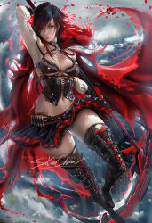Rule 34 | 1girl, aged up, ammunition, arm up, bandolier, belt, belt buckle, black hair, blade, boots, breasts, buckle, bullet, cape, closed mouth, combination weapon, corset, crescent rose, facing viewer, floating cape, full body, gothic lolita, gradient hair, grey eyes, gun, hair over one eye, holding, holding scythe, holding weapon, hood, lolita fashion, long gun, looking at viewer, medium breasts, multicolored hair, nail polish, navel, petals, red cape, red hair, rifle, rose petals, ruby rose, rwby, sakimichan, scythe, short hair, skirt, smile, sniper rifle, solo, thigh boots, thighhighs, torn cape, torn clothes, transforming weapon, two-tone hair, weapon
