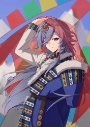 1girl alternate_costume bad_source bead_necklace beads black_hair blue_eyes braid closed_mouth earrings fu_hua hair_between_eyes hair_ornament hair_over_one_eye highres honkai_(series) honkai_impact_3rd jewelry long_hair long_sleeves looking_at_viewer nanguatudou_dunpaigu necklace red_veil smile solo tibetan_clothes veil