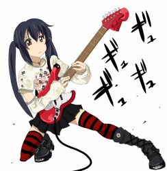 Rule 34 | detached sleeves, guitar, instrument, jacky (artist), k-on!, nakano azusa, simple background, skull and crossbones, thighhighs, twintails