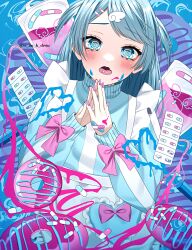 Rule 34 | 1girl, @ @, apron, bandaid, bandaid on hand, blue eyes, blue hair, blush, doughnut, fang, fingernails, food, hair ornament, hairclip, highres, intravenous drip, jacket, long fingernails, long hair, long sleeves, looking at viewer, nail polish, open mouth, original, own hands together, paint, pill, pill in mouth, skin fang, sleeve bow, solo, sweat, track jacket, two side up, wanko (yurika0320), wing hair ornament