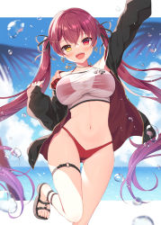 Rule 34 | 1girl, :d, arm up, armpits, bare shoulders, bikini, bikini under clothes, black jacket, black ribbon, breasts, brown eyes, brown footwear, collarbone, commentary, crop top, day, earrings, fangs, hair between eyes, hair ribbon, heterochromia, highres, hololive, horizon, houshou marine, houshou marine (summer), jacket, jewelry, large breasts, looking at viewer, mauve, navel, ocean, off shoulder, open clothes, open jacket, open mouth, palm tree, plaid, plaid jacket, red bikini, red eyes, red hair, ribbon, sandals, see-through, sharp teeth, shirt, smile, solo, standing, standing on one leg, swimsuit, teeth, tree, virtual youtuber, water, water drop, white shirt
