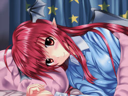 Rule 34 | 1girl, afterglow, aldehyde, alternate costume, bad id, bad pixiv id, bat wings, bed, blanket, blush, embodiment of scarlet devil, face, female focus, head wings, koakuma, long hair, looking at viewer, lying, on bed, on side, pajamas, pillow, pointy ears, pov across bed, red eyes, red hair, smile, solo, touhou, under covers, wings