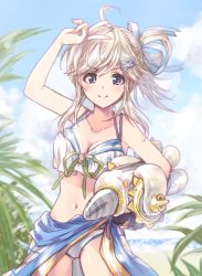 Rule 34 | 1girl, ahoge, alternate hairstyle, arm up, beach, bikini, blue eyes, blue ribbon, blue sarong, blue sky, blurry, blurry background, closed mouth, cloud, cloudy sky, commentary request, cowboy shot, cucouroux (granblue fantasy), depth of field, granblue fantasy, hair ornament, hair ribbon, hair up, highres, holding, horizon, inflatable toy, kuroi mimei, light brown hair, looking at viewer, medium hair, navel, one side up, outdoors, plant, ribbon, sarong, sky, smile, solo, standing, swimsuit, v, white bikini