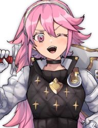 Rule 34 | 1girl, black choker, choker, fire emblem, fire emblem fates, gloves, hair between eyes, hairband, holding, holding sword, holding weapon, long hair, long sleeves, looking at viewer, mozuku 3, nintendo, one eye closed, open mouth, pink eyes, pink hair, soleil (fire emblem), solo, sword, teeth, upper body, upper teeth only, weapon, white background, white gloves, white hairband