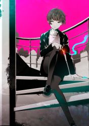 Rule 34 | 10s, 1girl, blunt bangs, cigarette, female focus, formal, high contrast, highres, kuso bba, loafers, pantyhose, psycho-pass, shoes, short hair, sitting, solo, suit, tsunemori akane