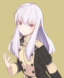 Rule 34 | 1girl, closed mouth, epaulettes, fire emblem, fire emblem: three houses, hako momiji, highres, long hair, long sleeves, lysithea von ordelia, nintendo, pink eyes, simple background, smile, solo, uniform, upper body, white hair, yellow background