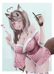 Rule 34 | 1girl, ;q, ahoge, aicute, animal ears, bare shoulders, blush, breasts, brown hair, bubble tea, cleavage, highres, horns, indie virtual youtuber, japanese clothes, kimono, long hair, multicolored hair, nail polish, one eye closed, panties, pink nails, red panties, sama (sama24654684), sash, smile, solo, tail, thighhighs, tongue, tongue out, two-tone hair, underwear, virtual youtuber, white thighhighs