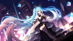 Rule 34 | 1girl, aqua eyes, aqua hair, bison cangshu, building, commentary request, forever 7th capital, hairband, hatsune miku, highres, holding, long hair, looking at viewer, microphone stand, music, pleated skirt, singing, skirt, skyscraper, solo, thighhighs, twintails, vocaloid, zettai ryouiki