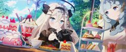 Rule 34 | + +, 2girls, blue eyes, blue hair, blush, breasts, cake, cake slice, cupcake, dessert, drink, eversoul, food, fork, game cg, hair between eyes, hair ribbon, hairband, headdress, highres, hime cut, holding, holding fork, ice cream, lamppost, looking at another, macaron, medium breasts, mephistopheles (eversoul), multiple girls, non-web source, official art, ribbon, sandwich, sky, sleeves past wrists, smile, sparkle, sweets, swiss roll, tiered tray, tree, white hair, yuria (eversoul)