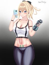 Rule 34 | 1girl, absurdres, alternate costume, arm strap, artist name, bad id, bad pixiv id, bare arms, bare shoulders, black background, black bow, black pants, blonde hair, blue eyes, blush, bottle, bow, breasts, cellphone, cleavage, commentary, cowboy shot, crop top, genshin impact, gradient background, hair between eyes, hair bow, hands up, highres, holding, holding bottle, holding phone, jean (genshin impact), kadal terbang, large breasts, leggings, long hair, midriff, navel, pants, phone, pubic tattoo, sidelocks, signature, smartphone, smile, solo, sports bra, standing, stomach, tattoo, thighs, white background