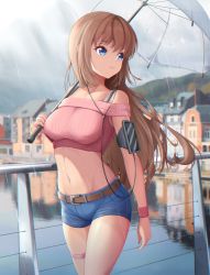 Rule 34 | 1girl, bare shoulders, belt, blue eyes, blurry, bowlp, breasts, bridge, brown hair, building, cable, chromatic aberration, collarbone, cowboy shot, crop top, cropped sweater, day, denim, denim shorts, depth of field, highres, holding, holding umbrella, long hair, looking away, medium breasts, midriff, mountainous horizon, navel, off-shoulder sweater, off shoulder, original, outdoors, overcast, pink sweater, rain, ribbed sweater, river, short shorts, shorts, sky, smile, solo, sweatband, sweater, thigh strap, town, transparent, transparent umbrella, umbrella, water drop, wristband