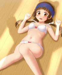 Rule 34 | 10s, 1girl, :o, amayadori machi, arms up, bare arms, bare legs, bare shoulders, blunt bangs, blush, bow, bow bra, bow panties, bra, breasts, brown eyes, brown hair, cleavage, collarbone, eyelashes, from above, hair ribbon, knee up, kumai natsu, kumamiko, lilium443, looking at viewer, looking back, low twintails, lying, midriff, navel, on back, open mouth, panties, ribbon, shadow, solo focus, stomach, strap slip, sunlight, tareme, twintails, underwear, underwear only, white bra, white panties, white ribbon, wooden floor