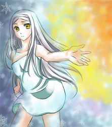 Rule 34 | 00s, 1girl, bad id, bad pixiv id, bare shoulders, blue dress, collarbone, contrapposto, dress, gundam, gundam 00, long hair, looking at viewer, outstretched arm, silver hair, sleeveless, sleeveless dress, solo, soma peries, standing, very long hair, w rong, yellow eyes