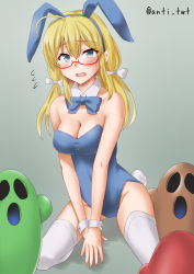 Rule 34 | 1girl, alternate costume, animal ears, anti (untea9), black leotard, blonde hair, blue eyes, blue leotard, bow, bowtie, breasts, cleavage, covered navel, detached collar, embarrassed, fake animal ears, glasses, gradient background, green background, hair between eyes, high heels, highres, i-8 (kancolle), kantai collection, large breasts, leotard, looking at viewer, low twintails, multiple others, playboy bunny, rabbit ears, rabbit tail, red-framed eyewear, solo, strapless, strapless leotard, tail, thighhighs, traditional bowtie, twintails, twitter username, white thighhighs, wrist cuffs