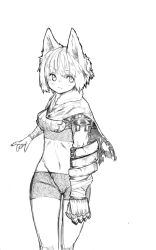 Rule 34 | 1girl, animal ears, armor, bandaged arm, bandages, blush, cape, closed mouth, crack, cross goli, fur trim, gauntlets, greyscale, hatching, hatching (texture), highres, monochrome, monster girl, navel, original, pauldrons, scratches, short hair, shoulder armor, simple background, sketch, solo, torn cape, torn clothes, traditional media, white background