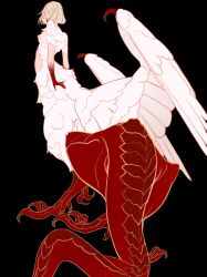 Rule 34 | 1girl, bird wings, black background, blonde hair, blood, blood on face, blood on hands, chimera, claws, closed eyes, dragon tail, dungeon meshi, facing back, falin touden, falin touden (chimera), feathered wings, feathers, from behind, full body, highres, monster girl, scales, short hair, simple background, solo, surie, tail, talons, taur, wings