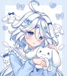 Rule 34 | 1girl, blue eyes, blue nails, blue ribbon, blue shirt, blue sweater, border, cinnamoroll, estelleartss, frilled shirt collar, frills, furina (genshin impact), genshin impact, hair ornament, hair ribbon, hairpin, heart, heart print, highres, jewelry, light blush, long hair, looking at viewer, open mouth, ribbon, ring, shirt, sweater, two-tone background, upper body, white hair