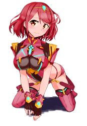 Rule 34 | 1girl, black gloves, blush, breasts, cleavage, covered navel, fingerless gloves, gloves, hair ornament, highres, kneeling, large breasts, looking at viewer, nintendo, pyra (xenoblade), red eyes, red hair, short hair, short shorts, shorts, sidelocks, simple background, smile, solo, swept bangs, thighhighs, thighs, tiara, tsuji, white background, wide hips, xenoblade chronicles (series), xenoblade chronicles 2