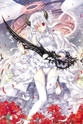 Rule 34 | 10s, 1girl, angel wings, barefoot, blurry, chain chronicle, demon horns, depth of field, detached sleeves, doll joints, dress, feathered wings, flower, frilled dress, frills, hairband, halo, highres, holding, horns, jewelry, joints, lolita hairband, long hair, looking at viewer, mask, mitsuki, mole, mole under eye, mouth mask, necklace, original, petals, pointy ears, prosthesis, prosthetic arm, red eyes, solo, spider lily, sword, thighhighs, weapon, white dress, white thighhighs, white wings, wings, yano mitsuki (nanairo)