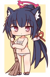 Rule 34 | 1girl, animal ear fluff, animal ears, bare arms, bare shoulders, black footwear, black hair, blue archive, blush, broom, brown background, chibi, closed mouth, full body, groin, halo, hana kazari, highres, holding, holding broom, long hair, looking at viewer, navel, panties, ponytail, purple eyes, sandals, sarashi, serika (blue archive), solo, standing, two-tone background, underwear, very long hair, white background, white panties, zouri