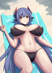 Rule 34 | 1girl, absurdres, android, beach, beach mat, bikini, blue eyes, breasts, breasts apart, brown hair, closed mouth, covered erect nipples, highres, large breasts, long hair, looking at viewer, lying, navel, on back, poppi (xenoblade), poppi qtpi (xenoblade), robot, sand, smile, solo, stomach, string bikini, swimsuit, tirari9336 (mochila9336), xenoblade chronicles (series), xenoblade chronicles 2