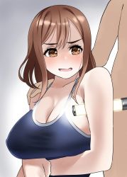 Rule 34 | 1boy, 1girl, blue one-piece swimsuit, breasts, brown eyes, brown hair, cleavage, clothed female nude male, glowstick, grey background, hand on another&#039;s shoulder, hetero, highres, igarashi kyouhei, kunikida hanamaru, large breasts, love live!, love live! sunshine!!, medium hair, nude, one-piece swimsuit, open mouth, parody, simple background, simulated armpit sex, swimsuit