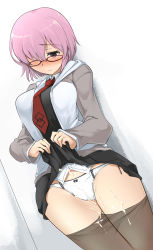 Rule 34 | 1girl, black pantyhose, blush, breasts, clothes lift, clothes pull, cum, cum on body, cum on clothes, cum on lower body, fate/grand order, fate (series), glasses, hair over one eye, highres, hood, hooded jacket, jacket, large breasts, looking down, mash kyrielight, momio, necktie, panties, panties under pantyhose, pantyhose, pantyhose pull, purple eyes, purple hair, school uniform, short hair, skirt, skirt lift, solo, thighband pantyhose, underwear, white panties