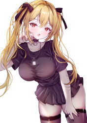 Rule 34 | 1girl, absurdres, bent over, black choker, black nails, black shirt, black skirt, black thighhighs, blonde hair, blush, bow, breasts, choker, hair bow, highres, jewelry, large breasts, long hair, looking at viewer, mito soosu, nail polish, open mouth, original, red eyes, ring, shirt, skirt, solo, thighhighs, twintails