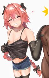 Rule 34 | 2boys, absurdres, astolfo (fate), bandaid, bandaids on nipples, bare shoulders, black bow, blush, bow, braid, camisole, clothes pull, collarbone, denim, denim shorts, elbow gloves, fate/grand order, fate (series), gloves, grin, hair intakes, half-closed eyes, heart, heart-shaped pupils, highres, holding shoulder, long braid, long hair, looking at viewer, male focus, multiple boys, navel, pasties, pink hair, shirt pull, shorts, single braid, smile, striped, symbol-shaped pupils, tchairss, thighhighs, trap, white background