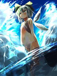 Rule 34 | 1girl, bow, cameltoe, cirno, detached wings, female focus, hair bow, highres, ice, kamindani, midriff, navel, panties, partially submerged, short hair, solo, touhou, underwear, wings