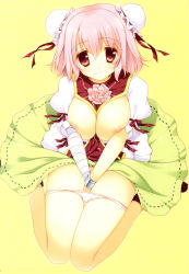 Rule 34 | 1girl, bandages, between breasts, breasts, breasts out, clothes lift, covering privates, covering crotch, double bun, female focus, flower, hair bun, highres, huge breasts, ibaraki kasen, looking at viewer, nipples, panties, panty pull, pink hair, puffy short sleeves, puffy sleeves, red eyes, scan, shigunyan, short hair, short sleeves, simple background, sitting, skirt, skirt lift, smile, solo, tabard, touhou, underwear, v arms, wariza, yellow background