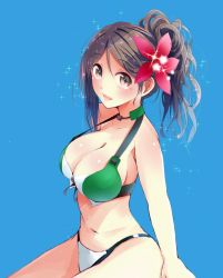 Rule 34 | 10s, 1girl, adapted costume, amagi (kancolle), bare shoulders, bikini, breasts, brown eyes, brown hair, cleavage, female focus, flower, hair flower, hair ornament, kantai collection, large breasts, long hair, looking at viewer, mole, mole under eye, navel, open mouth, ponytail, simple background, sitting, smile, solo, strap gap, swimsuit, tebi (tbd11)