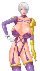 Rule 34 | 1girl, areola slip, armor, blue eyes, breasts, cleavage, eyeshadow, female focus, gloves, hair over one eye, hand on own hip, hip focus, huge breasts, isabella valentine, latex, lipstick, makeup, namco, nipples, short hair, simple background, solo, soul calibur, soulcalibur i, sscg, standing, white background, white hair